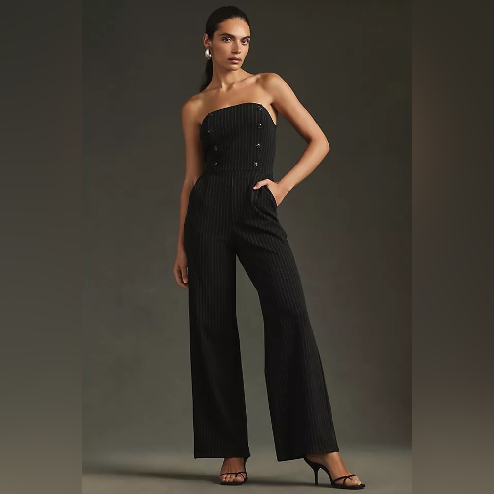 Maeve-Anthropologie Black Pinstripe Strapless Wide-Leg Jumpsuit
